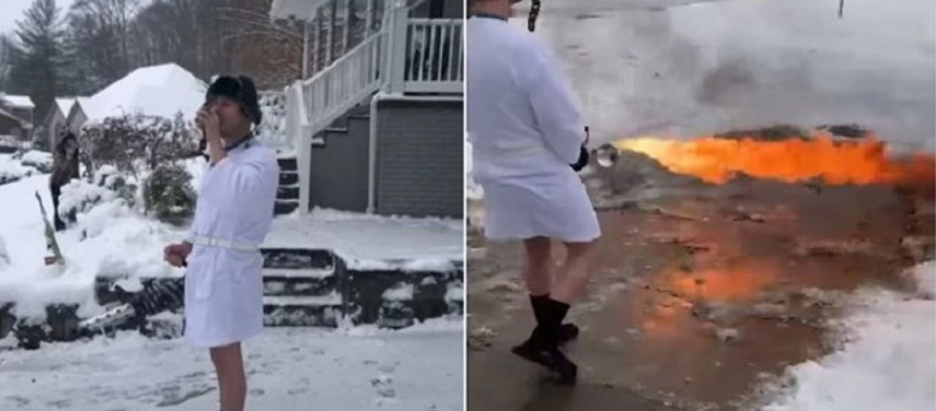 «Θεούλης» - Καθάρισε την αυλή του από το χιόνι με... φλογοβόλο! (βίντεο)